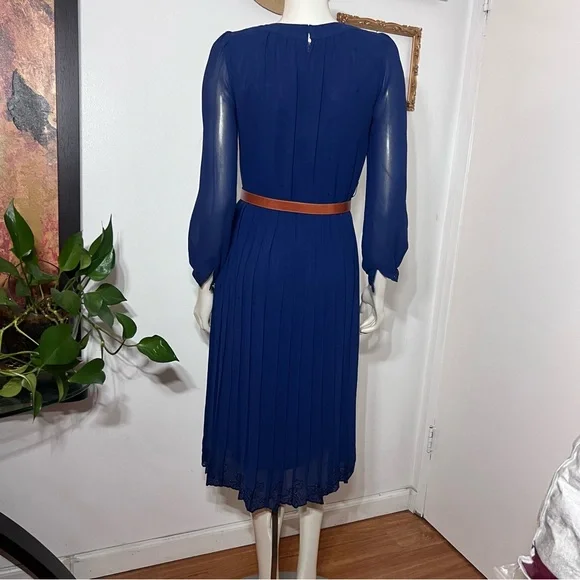 Vintage Ralph Baker Dress Navy Blue Pleated Skirt Chiffon Midi Dres Midi Size 6 - Picture 4 of 16